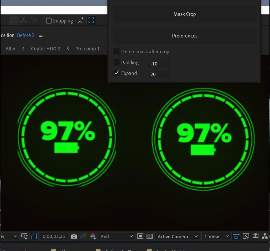 A before and after showing that auto crop can be used to include content that has been cut off and then re-crop at the larger size